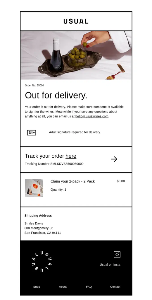 Usual out-for-delivery email notifying the customer that their package is arriving soon, with tracking information, shipping address, and delivered item details.