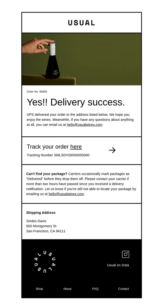 Usual delivery confirmation email confirming successful delivery, with a tracking link, shipping address, and instructions for locating or reporting a missing package.