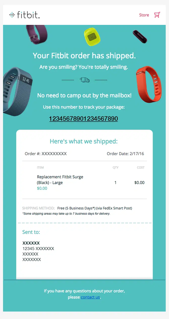 Fitbit shipping confirmation email telling the customer their order has shipped, with a prominent tracking number, shipped item details, shipping method, and delivery address.