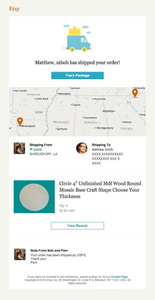 Etsy shipping confirmation email showing that the seller has shipped the customer’s order, with a prominent Track Package button, shipment map, shipping origin and destination, product details, and carrier information.