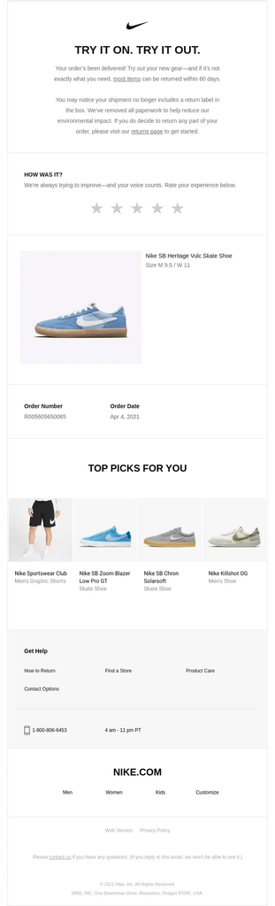 Nike delivery confirmation email confirming that the order has been delivered, with return information, a customer rating prompt, product details, and personalized recommendations.