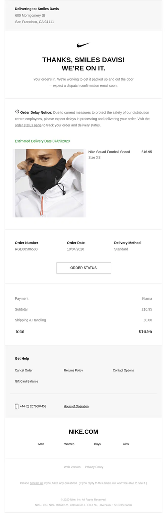 Nike order confirmation email letting the customer know their order is being packed and will be dispatched soon, with estimated delivery, product details, order status, and support options.