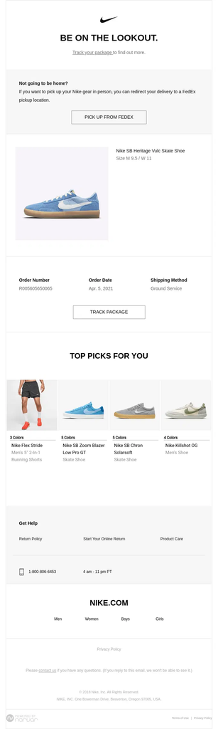 Nike shipping confirmation email telling the customer to track their package, with shipping method, order details, FedEx pickup option, product information, and personalized product recommendations.