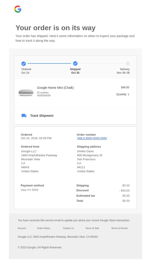 Google Store shipping confirmation email showing that an order has shipped, with a delivery progress timeline, estimated arrival dates, product and order details, shipping address, and shipment tracking.