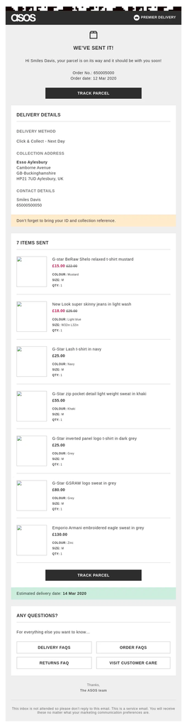 ASOS shipping confirmation email telling the customer their parcel has been sent, with tracking buttons, Click & Collect delivery details, collection address, shipped items, and estimated delivery date.