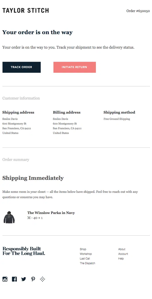 Taylor Stitch shipping confirmation email telling the customer their order is on the way, with a Track Order button, shipping and billing details, shipping method, and a summary of the item that has shipped.