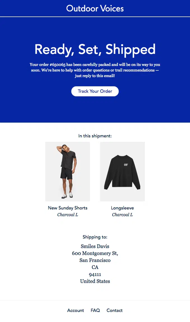 Outdoor Voices shipping confirmation email announcing that the order has shipped, with a Track Your Order button, two shipped clothing items with product images, shipping address, and account and customer support links.