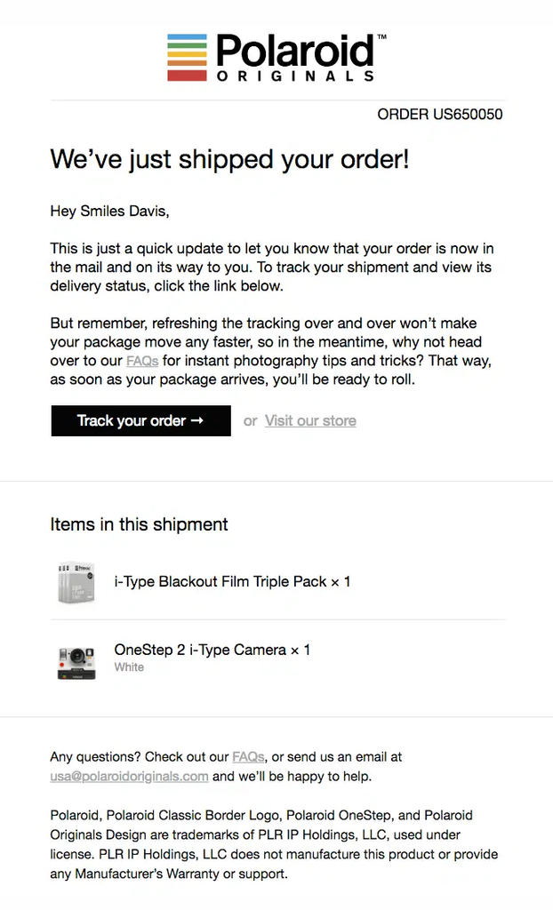 Polaroid shipping confirmation email announcing that the order has shipped, with a Track Your Order button, shipment status information, two shipped product details, and links to FAQs and customer support.