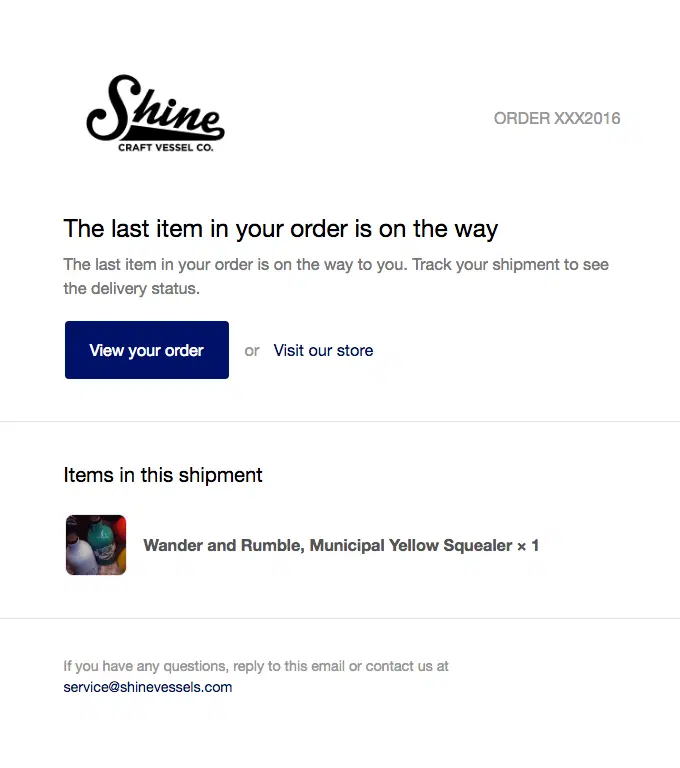 Shine Craft Vessel shipping confirmation email notifying the customer that the final item from a split order is on the way, with shipment tracking guidance, product details, and customer support information.