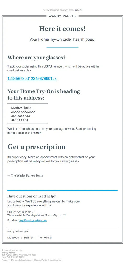 Warby Parker shipping confirmation email announcing that a Home Try-On order has shipped, with a prominent USPS tracking number, delivery address, prescription reminder, and customer support information.