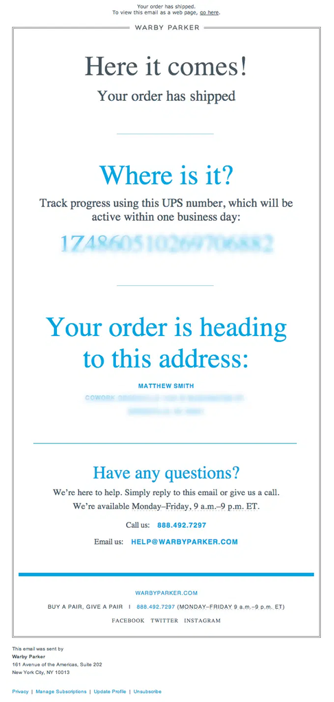 Warby Parker shipping confirmation email announcing that the customer’s order has shipped, with a prominent UPS tracking number, delivery address, and customer support contact details.