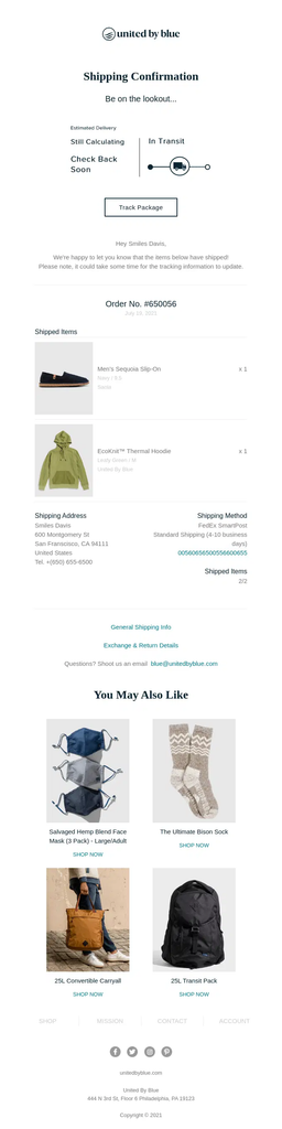 United by Blue shipping confirmation email showing an in-transit order status, Track Package button, shipped items, shipping method, delivery details, tracking number, and related product recommendations.