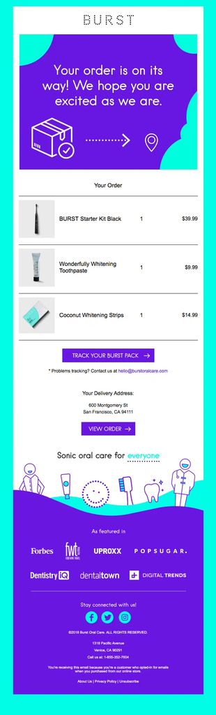 BURST shipping confirmation email announcing that the order is on its way, with shipped product details, a Track Your BURST Pack button, delivery address, and order information.