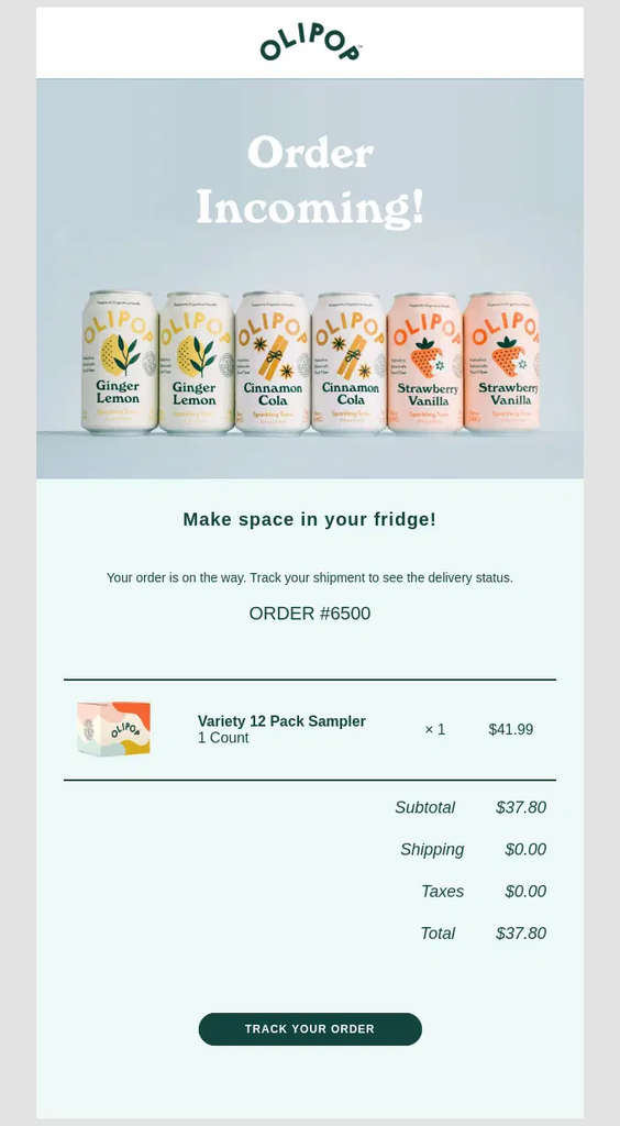 OLIPOP shipping confirmation email announcing that the order is on the way, with an itemized product summary, quantity, price, order totals, and a Track Your Order button.