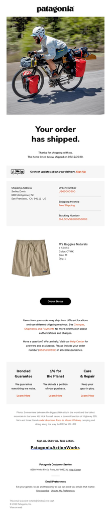 Patagonia shipping confirmation email announcing that the order has shipped, with tracking and shipping details, product information, order status, and additional content about its guarantee, repair program, environmental commitment, and Patagonia Action Works.