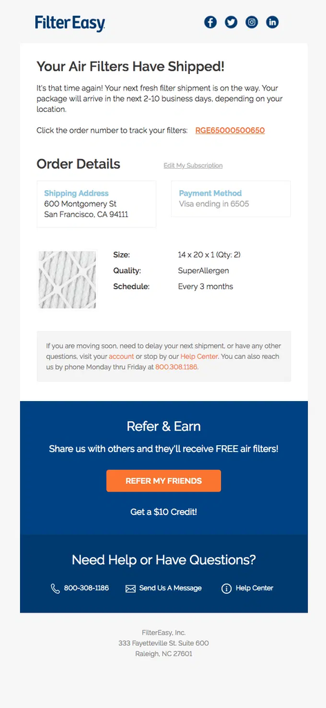 FilterEasy shipping confirmation email announcing that replacement air filters have shipped, with order details, shipping and payment info, filter size and delivery schedule, plus a referral offer and support links.