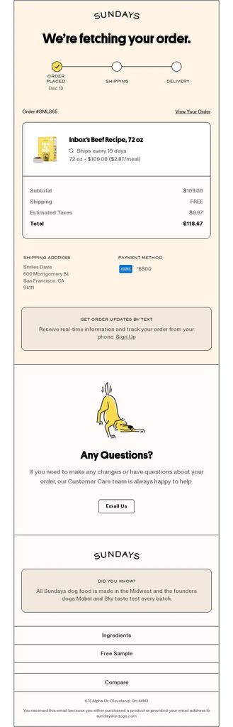 Sundays order processing email confirming the customer’s dog food order, with order details, shipping information, payment summary, and a progress indicator showing the order being prepared.