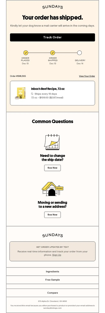 Sundays shipping confirmation email announcing that the dog food order has shipped, with a Track Order button, delivery progress indicator, product details, and links for changing the ship date or delivery address.