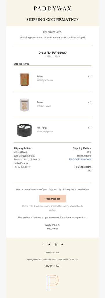 Paddywax shipping confirmation email showing three shipped candle items, shipping address and method, tracking number, and a Track Package button.