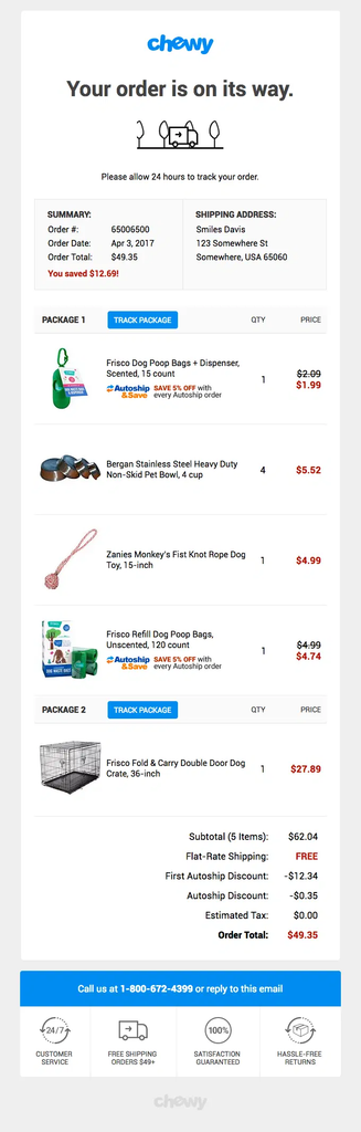 Chewy shipping confirmation email showing an order split into two packages, with separate Track Package buttons, product details for each shipment, shipping address, order summary, and Autoship savings.