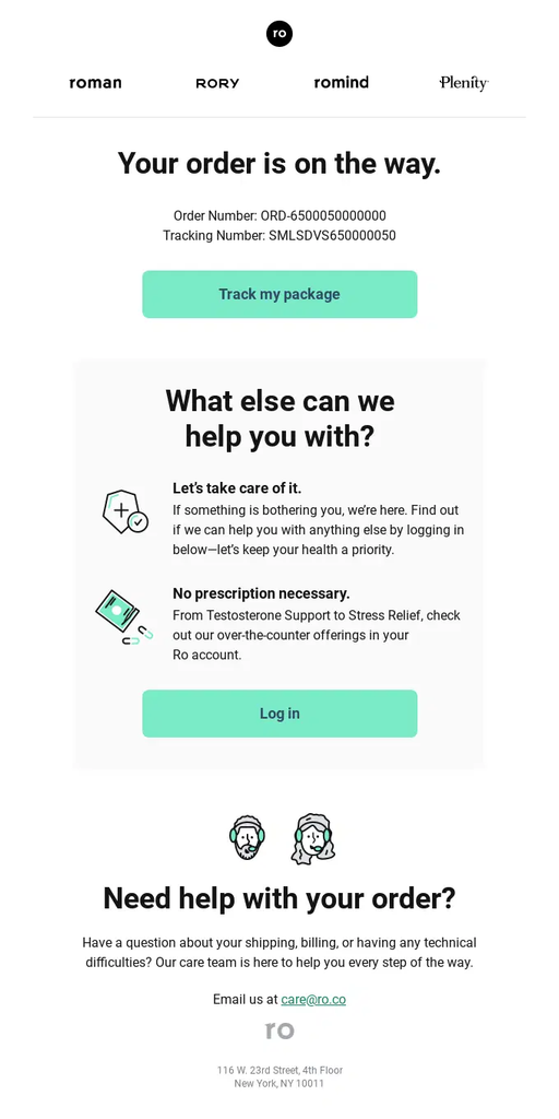 Roman shipping confirmation email announcing that the order is on the way, with order and tracking numbers, a Track My Package button, additional health and product content, and customer support information.