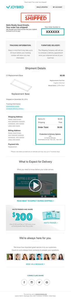 Joybird shipping confirmation email with tracking and shipment details, delivery scheduling information, a “What to Expect for Delivery” guide, referral offer, and customer support section.
