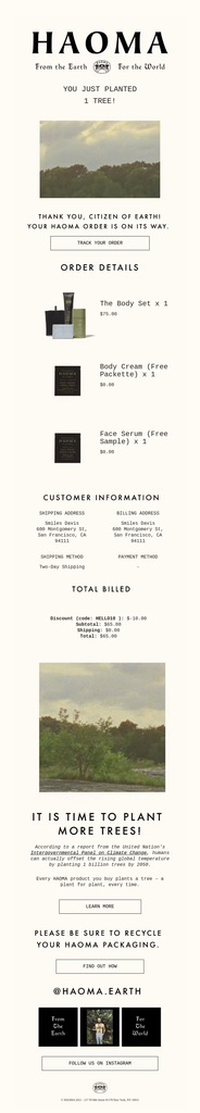 Haoma order update email confirming that the order is on its way, with product details, branded imagery, and a message highlighting that the purchase planted a tree.