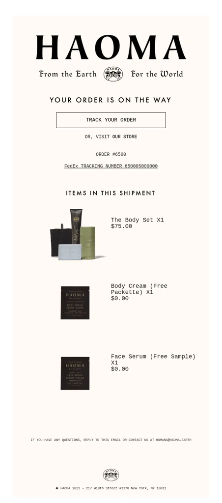 Haoma shipping confirmation email with a Track Your Order button, order and tracking details, and an itemized list of the products included in the shipment.