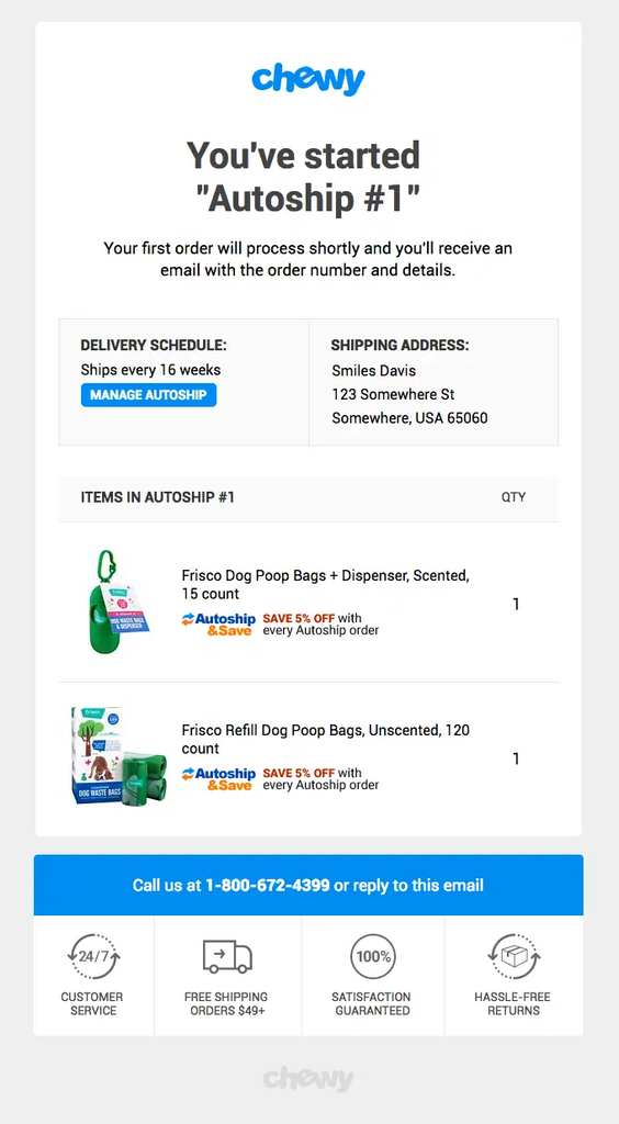 Chewy Autoship confirmation email showing a newly created recurring order, delivery schedule, shipping address, subscribed products, and a Manage Autoship button.