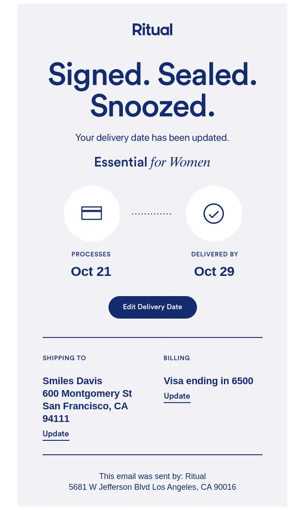 Ritual subscription shipment email confirming an updated delivery date, with processing and delivery dates, an Edit Delivery Date button, shipping address, and billing information.