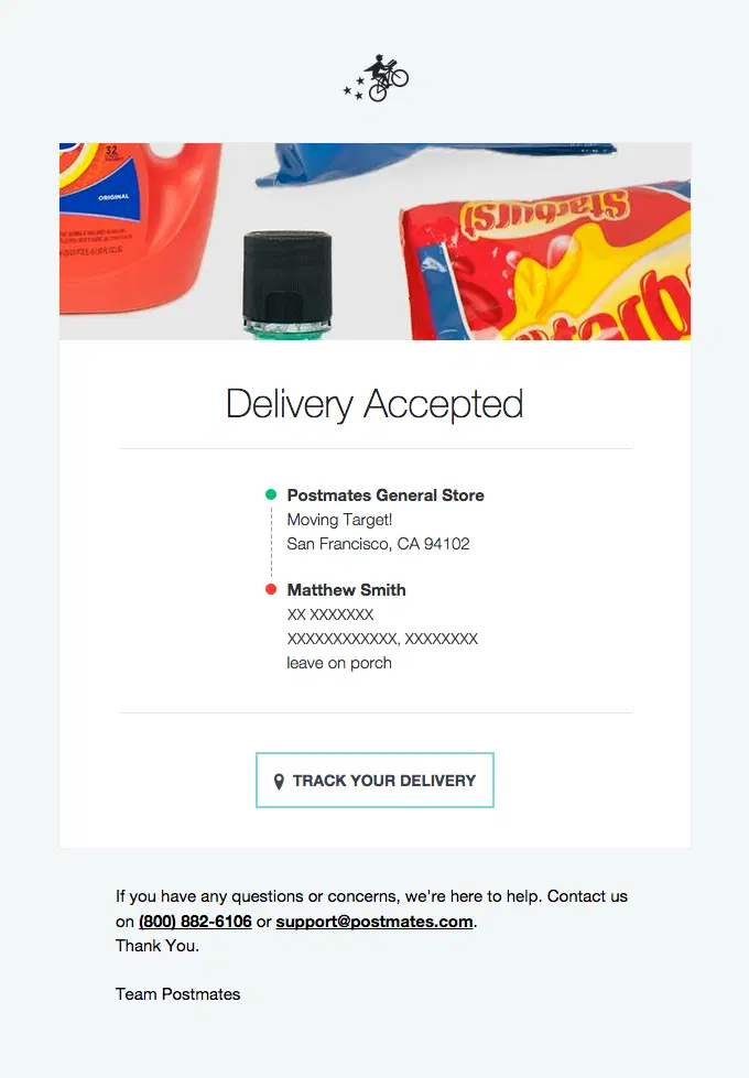 Postmates delivery update email confirming that the delivery has been accepted, with a visual route between the store and customer, a Track Your Delivery button, and customer support details.