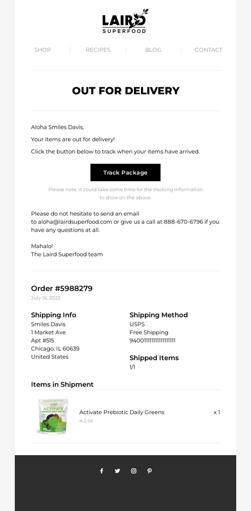 Laird Superfood out-for-delivery email with a Track Package button, order and shipping details, shipping method, and product information for the item in the shipment.