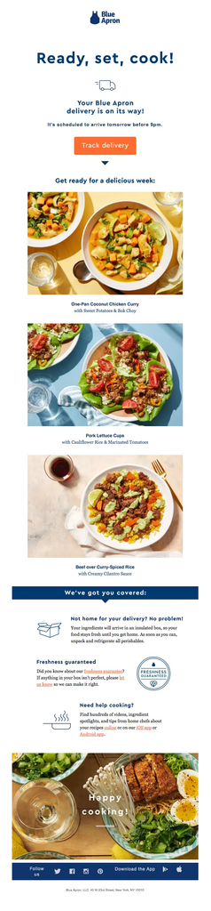 Blue Apron shipping confirmation email with a next-day delivery estimate, Track Delivery button, upcoming meal previews, freshness information, and cooking support content.