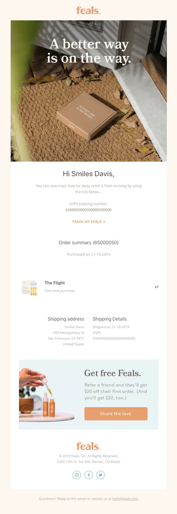 Feals shipping confirmation email announcing that the order is on the way, with a USPS tracking number, Track My Feals link, order summary, shipping address and shipment details, plus a referral offer giving both the customer and a friend $20.