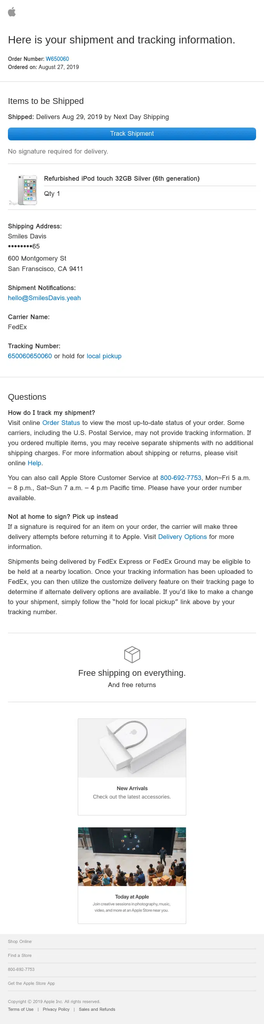 Apple shipping confirmation email providing shipment and tracking information for a refurbished iPod touch, with a Track Shipment button, delivery date, product details, shipping address, FedEx carrier and tracking number, local pickup option, and customer support information.