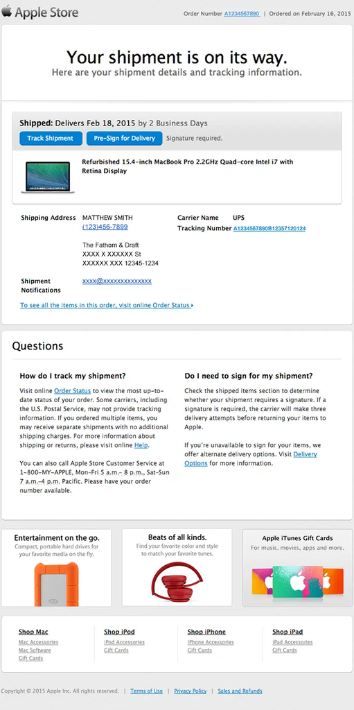 Apple Store shipping confirmation email announcing that a MacBook Pro shipment is on its way, with an estimated delivery date, Track Shipment and Pre-Sign for Delivery buttons, UPS tracking details, shipping address, customer support guidance, delivery FAQs, and additional product and shopping recommendations.