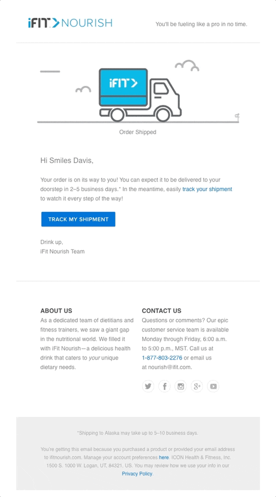 iFIT Nourish minimalist shipping confirmation email announcing that the order has shipped, with a delivery estimate of 2–5 business days, a Track My Shipment button, simple delivery truck illustration, and customer support information.
