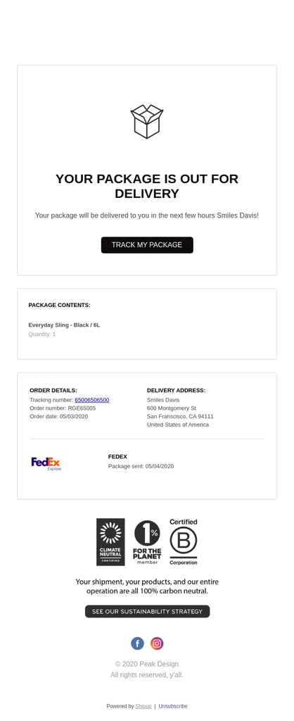 Peak Design out-for-delivery email notifying the customer that their package will arrive within the next few hours, with a Track My Package button, package contents, tracking and order details, delivery address, FedEx shipping information, and additional content about the brand’s carbon-neutral shipping and sustainability strategy.