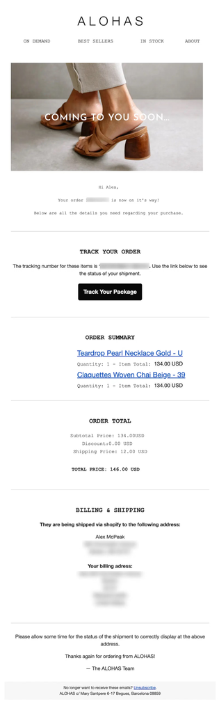ALOHAS shipping confirmation email announcing that the order is on its way, with a tracking number and Track Your Package button, detailed order summary with product names, quantities and prices, order total, and billing and shipping information.