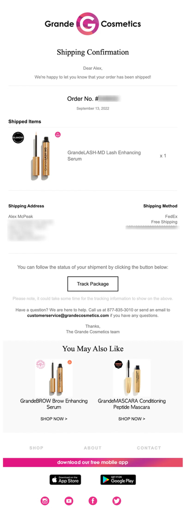 Grande Cosmetics shipping confirmation email announcing that the order has shipped, with shipped item details, shipping address and method, a Track Package button, customer support information, personalized product recommendations, and links to download the brand’s mobile app.