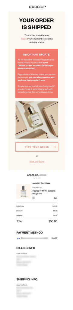 Dossier shipping confirmation email announcing that the order has shipped, with a tracking link, product and order details, payment, billing and shipping information, plus an important update explaining changes to included fragrance samples and the brand’s return policy.