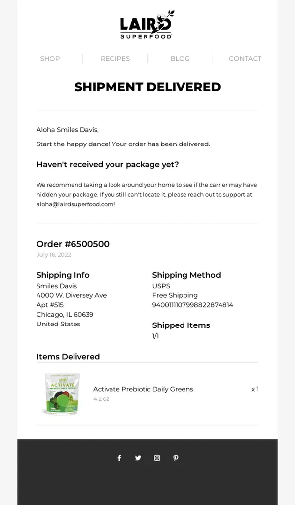 Laird Superfood delivery confirmation email confirming that the customer’s shipment has been delivered, with order and tracking details, shipping information, product details, and customer support guidance.