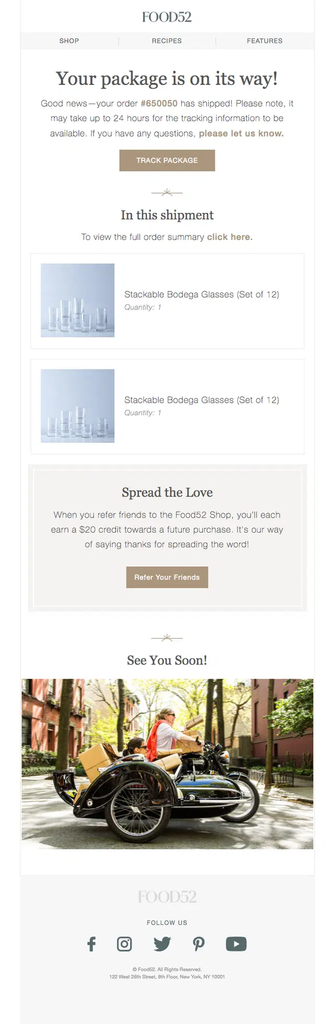 Food52 shipping confirmation email announcing that the package is on its way, with a Track Package button, shipped product details, a link to the full order summary, and a referral offer giving both the customer and their friend a $20 credit toward a future purchase.