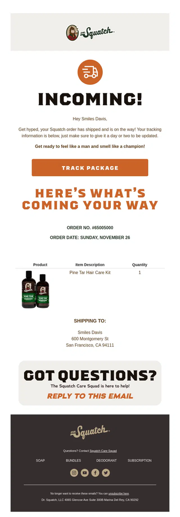 Dr. Squatch shipping confirmation email announcing that the order is on its way, with a Track Package button, order and tracking details, shipped product information, and delivery address.