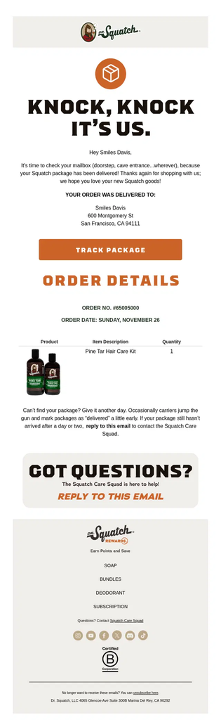 Dr. Squatch delivery confirmation email announcing that the package has arrived, with order and shipment details, product information, and customer support guidance.