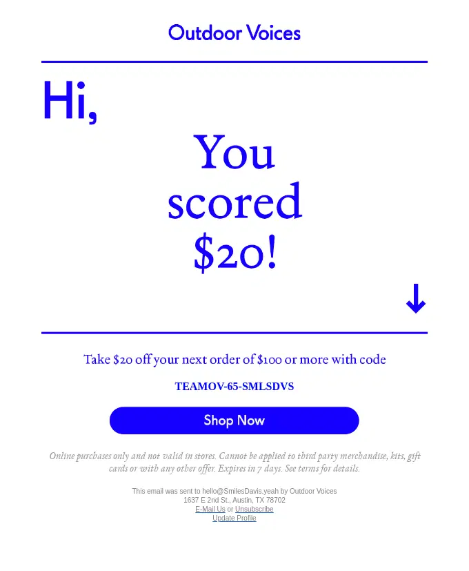Outdoor Voices winback email offering a $20 discount to bring an inactive customer back