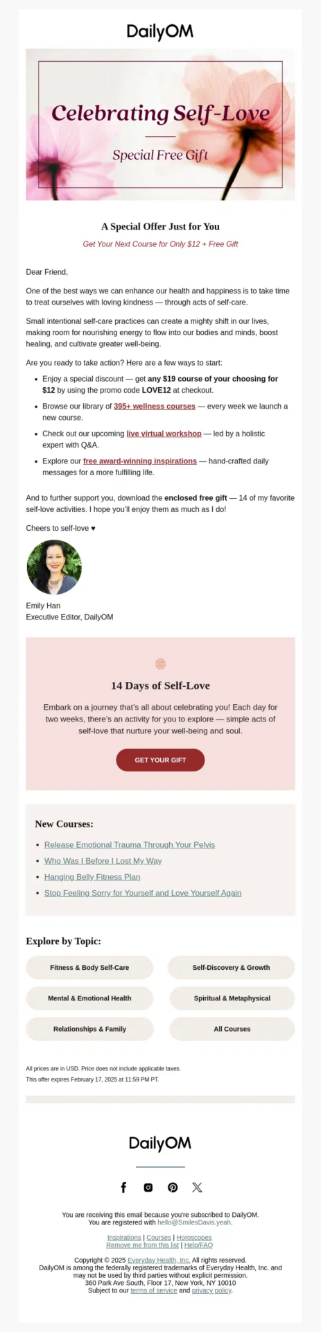 DailyOM winback email offering a discounted next course and free gift to encourage another purchase