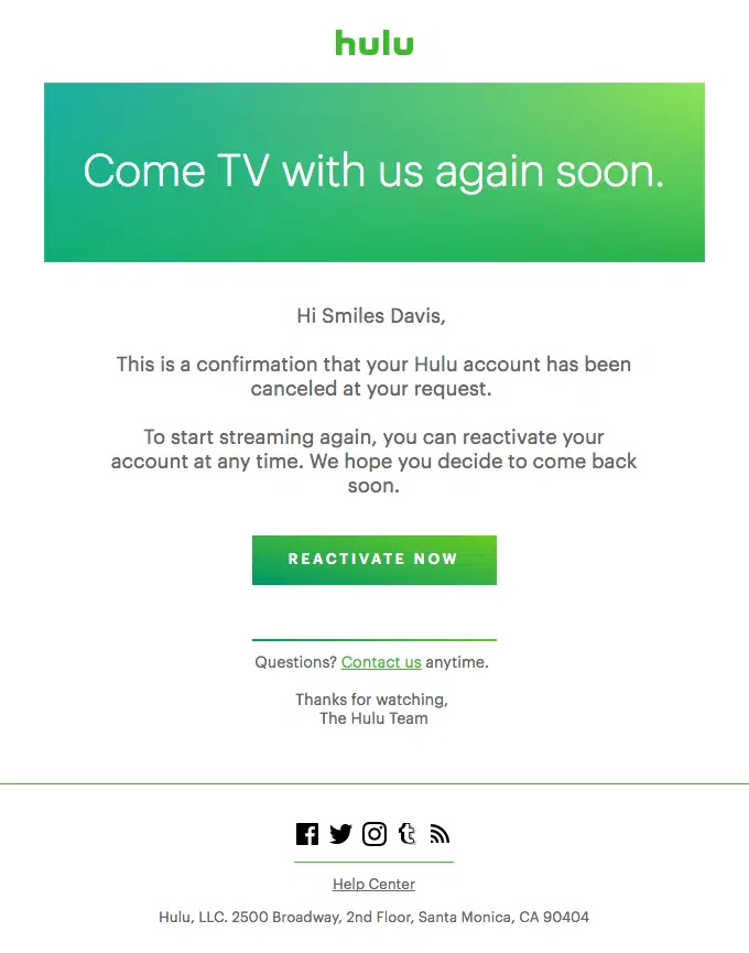 Hulu subscription winback email encouraging a canceled customer to reactivate their account