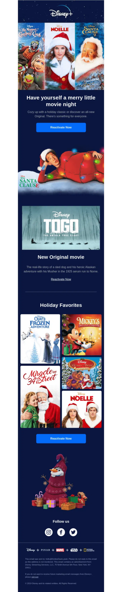 Disney Plus subscription winback email encouraging former subscribers to reactivate for holiday movies and shows