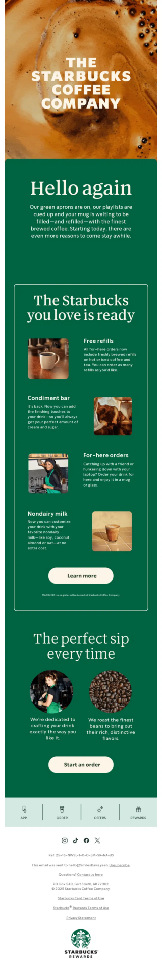 Starbucks winback email welcoming customers back with updated benefits and an invitation to start a new order